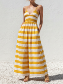 Women's Casual Vacation-Style Yellow & White Horizontal Stripes, V-Neck, Spaghetti Straps Cotton-Linen Jumpsuit ZMZ1496E9ZYY