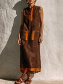 Women's Minimalist Elegant Style Linen-Cotton Blend Contrast Trim Sleeveless Midi Dress ZMZ1433E5YZH