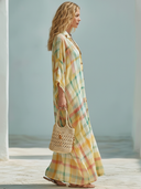 Women's Classic Loose-Fit Color-Block Plaid Long-Sleeve Button-Front Maxi Dress ZMZ1460E0SWL