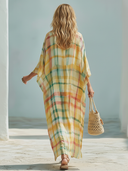 Women's Classic Loose-Fit Color-Block Plaid Long-Sleeve Button-Front Maxi Dress ZMZ1460E0SWL
