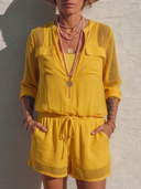 Women's Casual Vacation Style Chiffon Half-Zip Romper With Lining(Inner Tank Top Not Included) ZMZ1414E8YZH