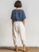 Women's Retro Casual Striped Print Short-Sleeve Top And Linen Pants Set ZMZ1301E7ZJY