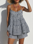 Women's Casual Vacation Style Stripe Tiered Cami & Shorts Two-Piece Set ZMZ1442E8YZH
