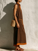 Women's Minimalist Elegant Style Linen-Cotton Blend Contrast Trim Sleeveless Midi Dress ZMZ1433E5YZH