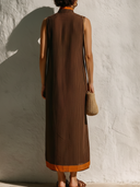 Women's Minimalist Elegant Style Linen-Cotton Blend Contrast Trim Sleeveless Midi Dress ZMZ1433E5YZH