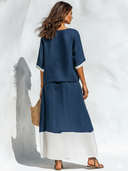 Women's Retro Casual Cotton Linen Color Block Short-Sleeve Top And Skirt Set ZMZ1396E9ZJY