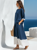 Women's Retro Casual Cotton Linen Color Block Short-Sleeve Top And Skirt Set ZMZ1396E9ZJY