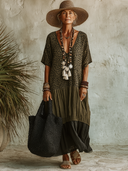 Women's Spliced Leopard Print V-Neck Short-Sleeve Maxi Dress ZMZ1462E6XT
