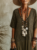 Women's Spliced Leopard Print V-Neck Short-Sleeve Maxi Dress ZMZ1462E6XT