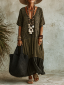 Women's Spliced Leopard Print V-Neck Short-Sleeve Maxi Dress ZMZ1462E6XT