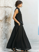 Women's Retro Casual Cotton Linen Stand Collar Sleeveless Top And Skirt Set ZMZ1380E0ZJY