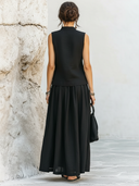 Women's Retro Casual Cotton Linen Stand Collar Sleeveless Top And Skirt Set ZMZ1380E0ZJY