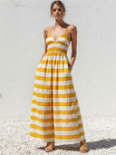 Women's Casual Vacation-Style Yellow & White Horizontal Stripes, V-Neck, Spaghetti Straps Cotton-Linen Jumpsuit ZMZ1496E9ZYY