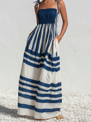 Women's Casual Resort-Style Navy & White Striped, Smocked Bodice, Spaghetti Straps Cotton Maxi Sundress ZMZ1482E7ZYY