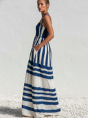 Women's Casual Resort-Style Navy & White Striped, Smocked Bodice, Spaghetti Straps Cotton Maxi Sundress ZMZ1482E7ZYY
