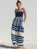 Women's Casual Resort-Style Navy & White Striped, Smocked Bodice, Spaghetti Straps Cotton Maxi Sundress ZMZ1482E7ZYY