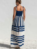 Women's Casual Resort-Style Navy & White Striped, Smocked Bodice, Spaghetti Straps Cotton Maxi Sundress ZMZ1482E7ZYY