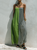 Women's Casual Vacation-Style Loose-Fit, Green Cotton-Linen Blend With Black & White Striped Panel And Spaghetti Straps Maxi Dress ZMZ1571E2ZYY