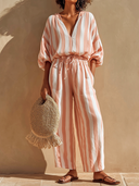 Women's Casual Vacation-Style Cotton with Vertical Stripes and Elastic Waist Wide-Leg Pants ZMZ2813E1ZYY