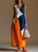 Women's Casual Vacation-Style Loose-Fit, Sleeveless, V-Neck, Multi-Color Patchwork Cotton-Linen Maxi Dress ZMZ1560E8ZYY