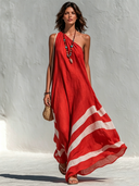 Women's Vacation-Style Cotton-Linen Color-Block One-Shoulder Loose Maxi Dress ZMZ1564E9SWL