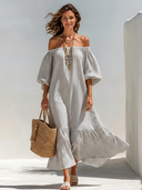 Women's Casual Vacation Striped Maxi Dress (Wearable As Off-the-Shoulder Or One-Shoulder) ZMZ1500E4SWL