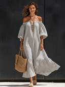 Women's Casual Vacation Striped Maxi Dress (Wearable As Off-the-Shoulder Or One-Shoulder) ZMZ1500E4SWL