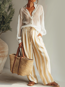 Women's Retro Casual Cotton Linen Long-Sleeve Shirt And Striped Pants Set ZMZ1500E7ZJY