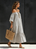 Women's Casual Vacation Striped Maxi Dress (Wearable As Off-the-Shoulder Or One-Shoulder) ZMZ1500E4SWL