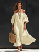 Women's Casual Vacation Striped Maxi Dress (Wearable As Off-the-Shoulder Or One-Shoulder) ZMZ1500E4SWL