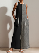 Women's Casual Retro Cotton-Linen Black, Houndstooth-Paneled, Crew Neck, Sleeveless, Loose Fit Jumpsuit ZMZ1571E4ZYY