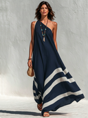 Women's Vacation-Style Cotton-Linen Color-Block One-Shoulder Loose Maxi Dress ZMZ1564E9SWL