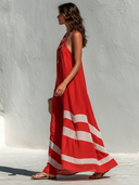 Women's Vacation-Style Cotton-Linen Color-Block One-Shoulder Loose Maxi Dress ZMZ1564E9SWL
