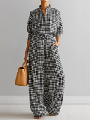 Women's Retro Casual Plaid Long-Sleeve Shirt And Pants Set ZMZ1551E3ZJY