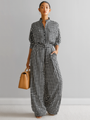 Women's Retro Casual Plaid Long-Sleeve Shirt And Pants Set ZMZ1551E3ZJY