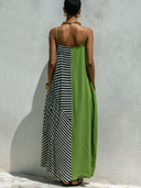 Women's Casual Vacation-Style Loose-Fit, Green Cotton-Linen Blend With Black & White Striped Panel And Spaghetti Straps Maxi Dress ZMZ1571E2ZYY