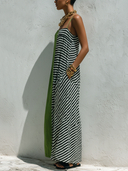 Women's Casual Vacation-Style Loose-Fit, Green Cotton-Linen Blend With Black & White Striped Panel And Spaghetti Straps Maxi Dress ZMZ1571E2ZYY