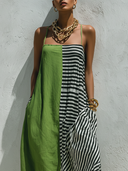 Women's Casual Vacation-Style Loose-Fit, Green Cotton-Linen Blend With Black & White Striped Panel And Spaghetti Straps Maxi Dress ZMZ1571E2ZYY