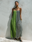 Women's Casual Vacation-Style Loose-Fit, Green Cotton-Linen Blend With Black & White Striped Panel And Spaghetti Straps Maxi Dress ZMZ1571E2ZYY