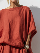 Women's Casual Effortless Loungewear Style Linen-Cotton Oversized Two-Piece Set ZMZ1554E0YZH