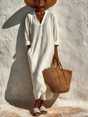 Women's Casual Solid-Color Cotton-Linen V-Neck Long-Sleeve Maxi Dress ZMZ1536E3XT