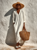 Women's Casual Solid-Color Cotton-Linen V-Neck Long-Sleeve Maxi Dress ZMZ1536E3XT
