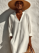 Women's Casual Solid-Color Cotton-Linen V-Neck Long-Sleeve Maxi Dress ZMZ1536E3XT