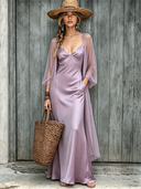 Women's Solid Color Satin Spaghetti Strap Long Dress With Sheer Jacket Two-Piece Set ZMZ1593E1XT