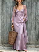 Women's Solid Color Satin Spaghetti Strap Long Dress With Sheer Jacket Two-Piece Set ZMZ1593E1XT