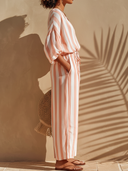 Women's Casual Vacation-Style Cotton Set: V-Neck Lantern-Sleeve Top And Elastic-Waist Wide-Leg Pants ZMZ1558E9ZYY