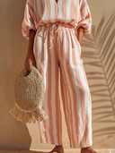 Women's Casual Vacation-Style Cotton Set: V-Neck Lantern-Sleeve Top And Elastic-Waist Wide-Leg Pants ZMZ1558E9ZYY