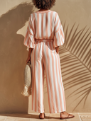 Women's Casual Vacation-Style Cotton Set: V-Neck Lantern-Sleeve Top And Elastic-Waist Wide-Leg Pants ZMZ1558E9ZYY