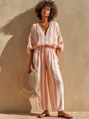 Women's Casual Vacation-Style Cotton Set: V-Neck Lantern-Sleeve Top And Elastic-Waist Wide-Leg Pants ZMZ1558E9ZYY