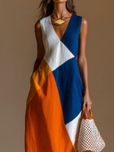 Women's Casual Vacation-Style Loose-Fit, Sleeveless, V-Neck, Multi-Color Patchwork Cotton-Linen Maxi Dress ZMZ1560E8ZYY